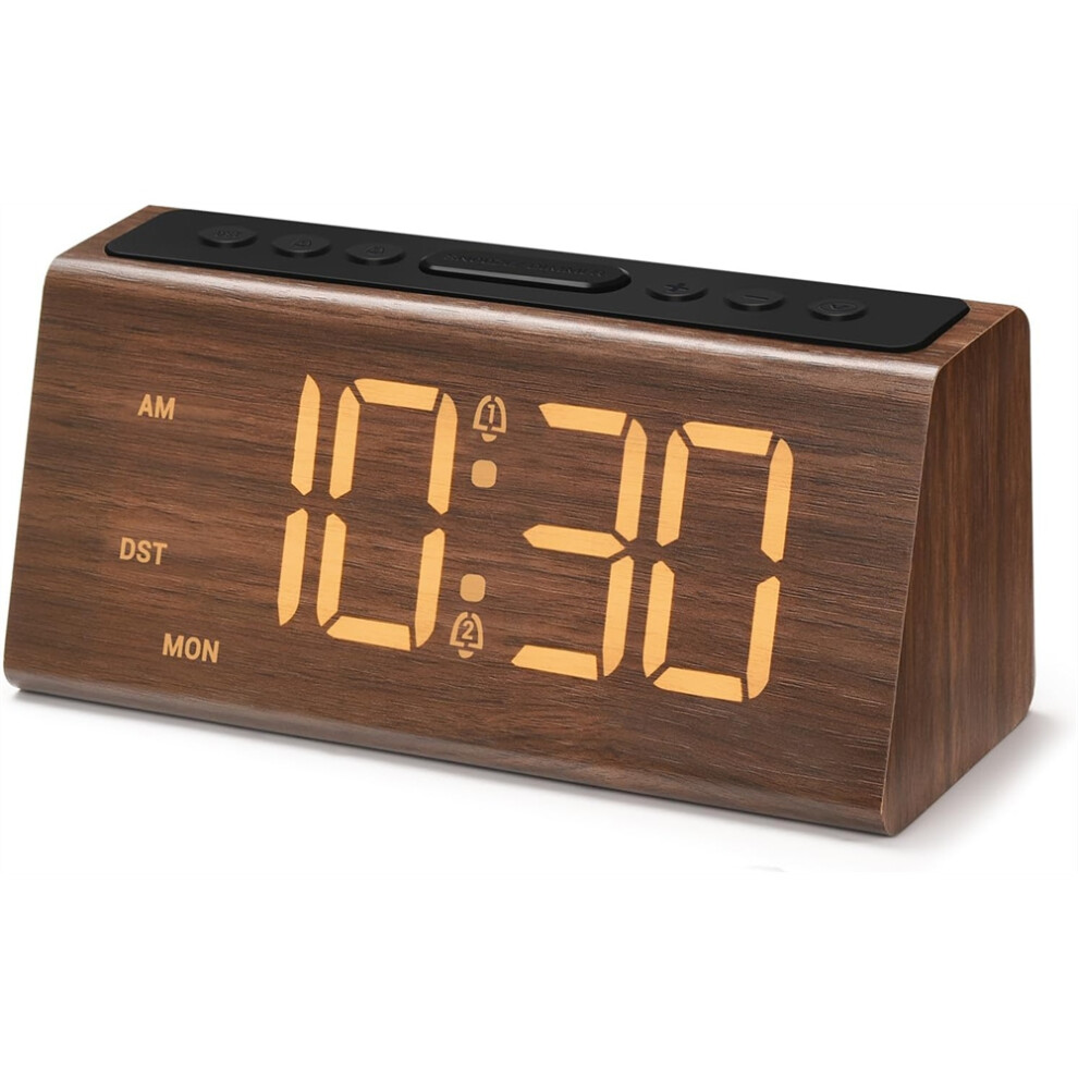 Tauoh Wooden Digital Alarm Clock For Bedroom,Electric Desk Clock With Usb Port,Loud Alarm For Heavy Sleepers,Snooze,Dst Brown