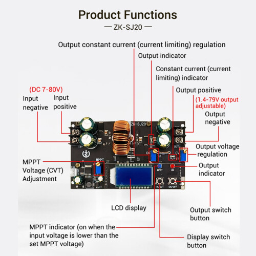 ZK-SJ20 AutomáTico Step  Down MóDulo MPPT com Display LCD Buck Boost Converter MóDulo de AlimentaçãO Placa AjustáVel 2