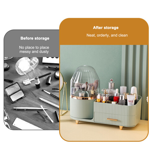 360 Rotating Makeup Organizer Box with Drawer, 5016.5cm, Beige/Green/White 2