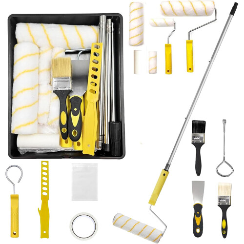 17x Paint Rollers Extension Pole Tray Brush Roller Sleeves Painting Set