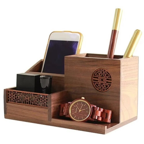 Multi-Function Wooden Desk Organizer with Pen Holder and Stationery Storage 2