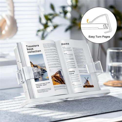 Hands-Free Book Stand - Adjustable, Expandable Holder for Comfortable Reading - 90 Angle, Transparent Page Clips 2
