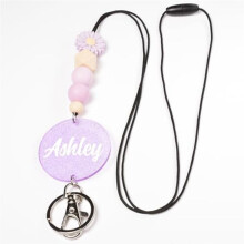 Personalized Glitter Lanyard Rainbow Flower Beaded Teacher Gift Lanyard with Name for Keys ID Badge