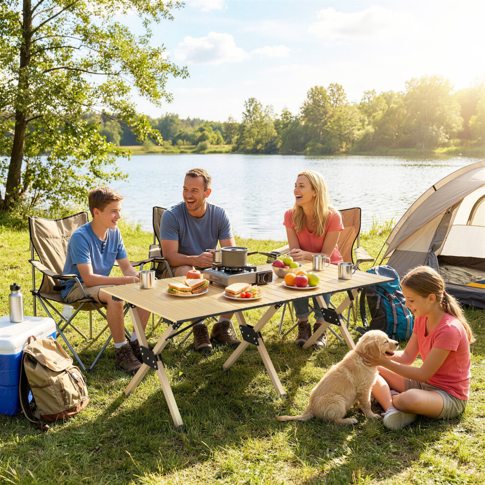 Outsunny 4Ft Folding Camping Table, Picnic Table With Roll Up Top, Brown
