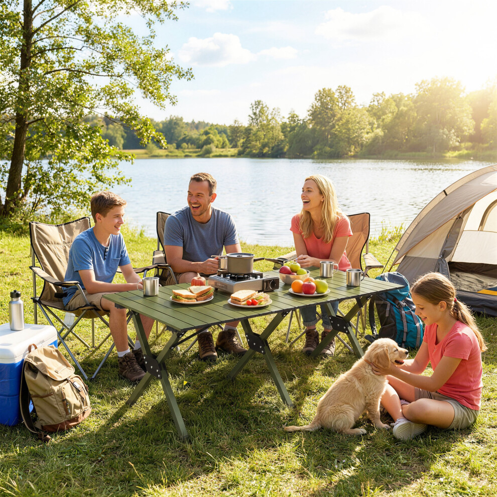 Outsunny 4Ft Folding Camping Table, Picnic Table With Roll Up Top, Green