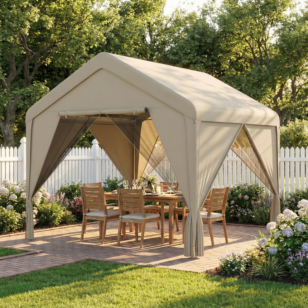 Outsunny 3 X 3 M Outdoor Patio Gazebo With Netting And Curtains, Khaki