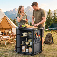 Outsunny Camping Cupboards, Folding Camping Kitchen Table with 3-Tier