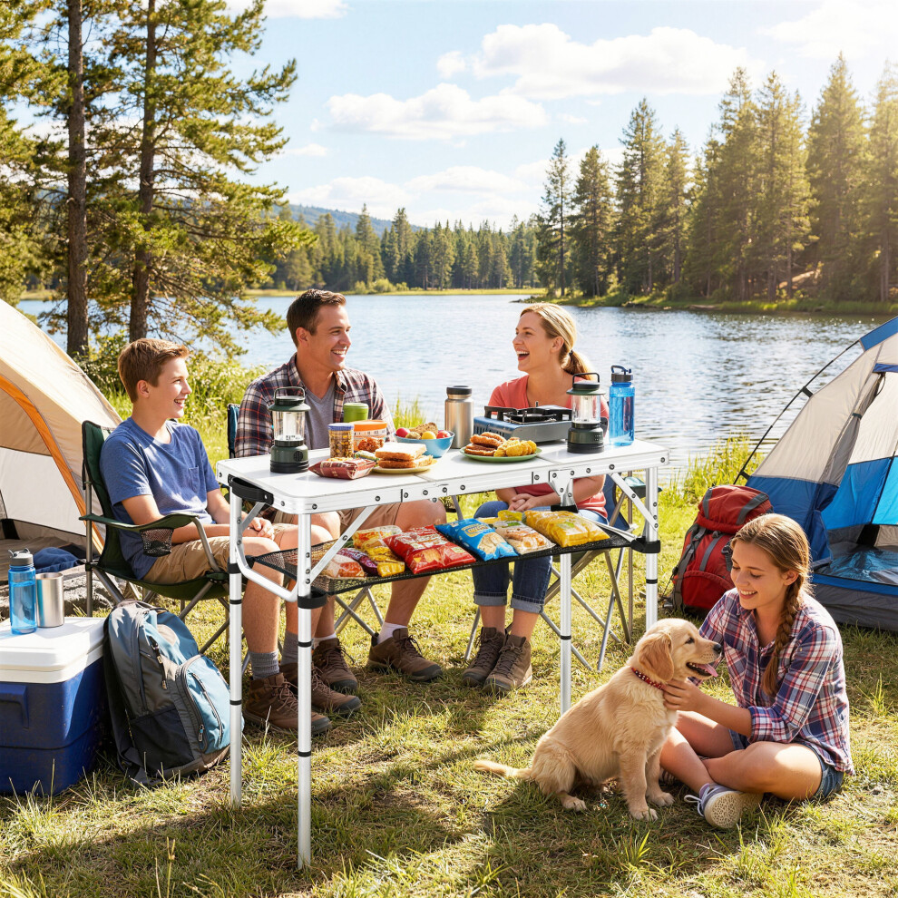 Outsunny 3Ft Folding Camping Table, Picnic Table With Storage Layer, White