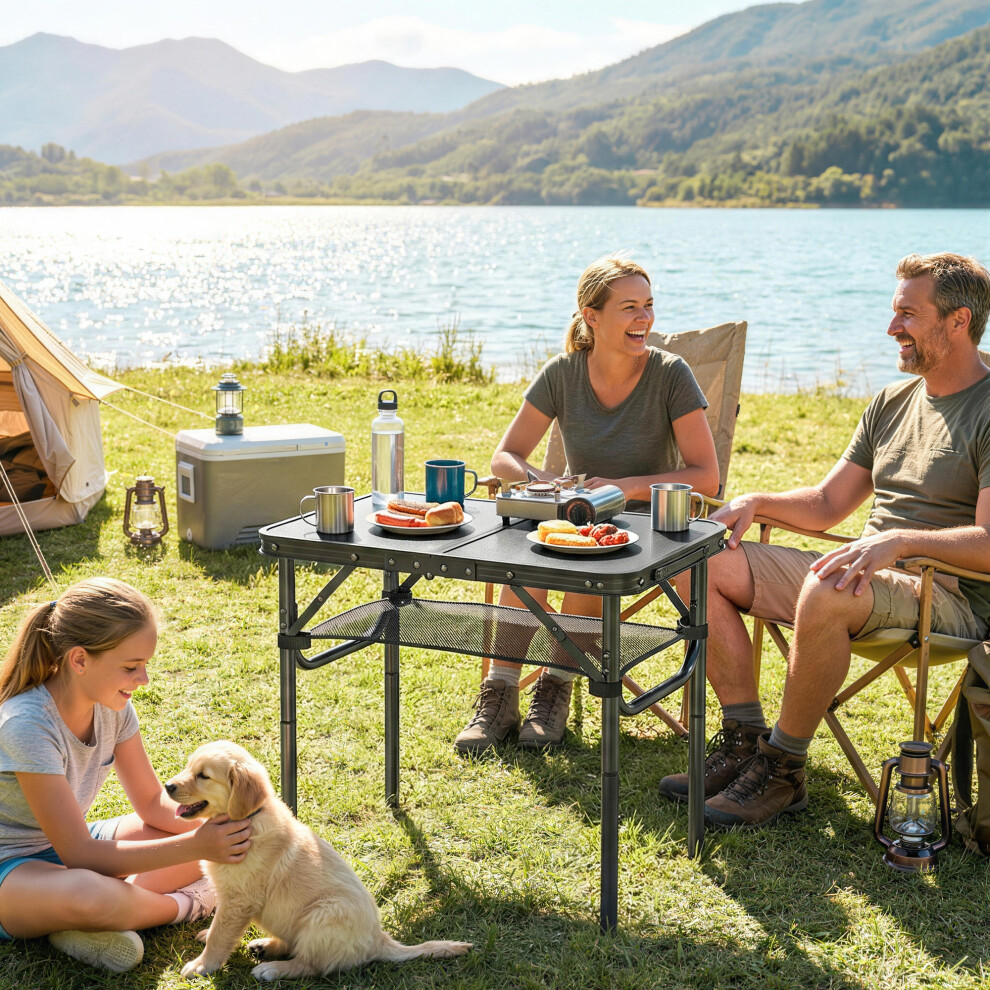 Outsunny 2Ft Folding Camping Table, Picnic Table With Storage Layer, Black