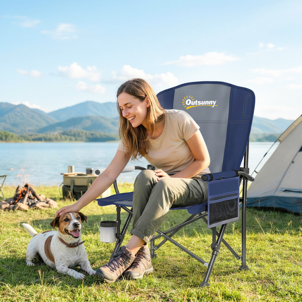 New Outsunny Camping Chair Padded With Side Pocket Dark/Blue