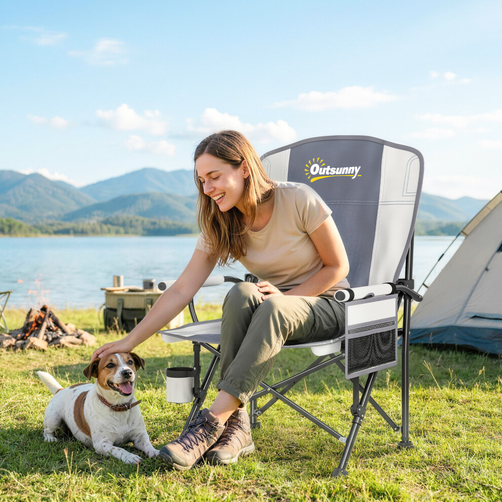 New Outsunny Camping Chair Padded With Side Pocket Light/Grey