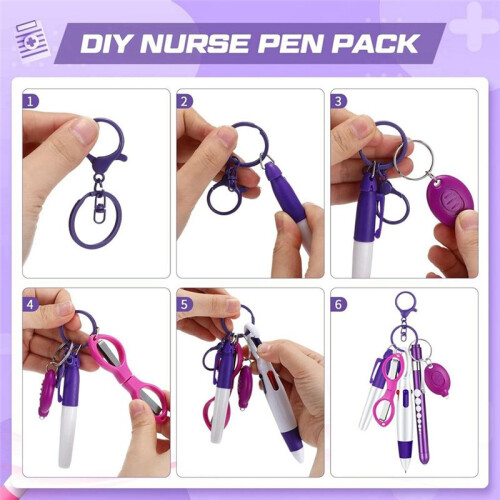 6-In-1 Multifunction Retractable  Pen Set Flashlight Foldable Scissors Ballpoint Pen Keychain Nurse Pens