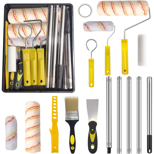 14pcs Paint Roller Set Paint Rollers & Tray Set with Extension Pole Wall Ceiling