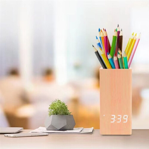 Pen Holder Clock LED Electronic Clock Desktop Pen Holder Student Stationery Voice Controlled Electronic Clock A 2