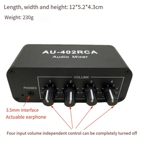 AU-402RCA Stereo Audio Mixer Multi-Channel Audio Source Reverberator Volume Control 3.5mm Headphone Driver 4 Input 2
