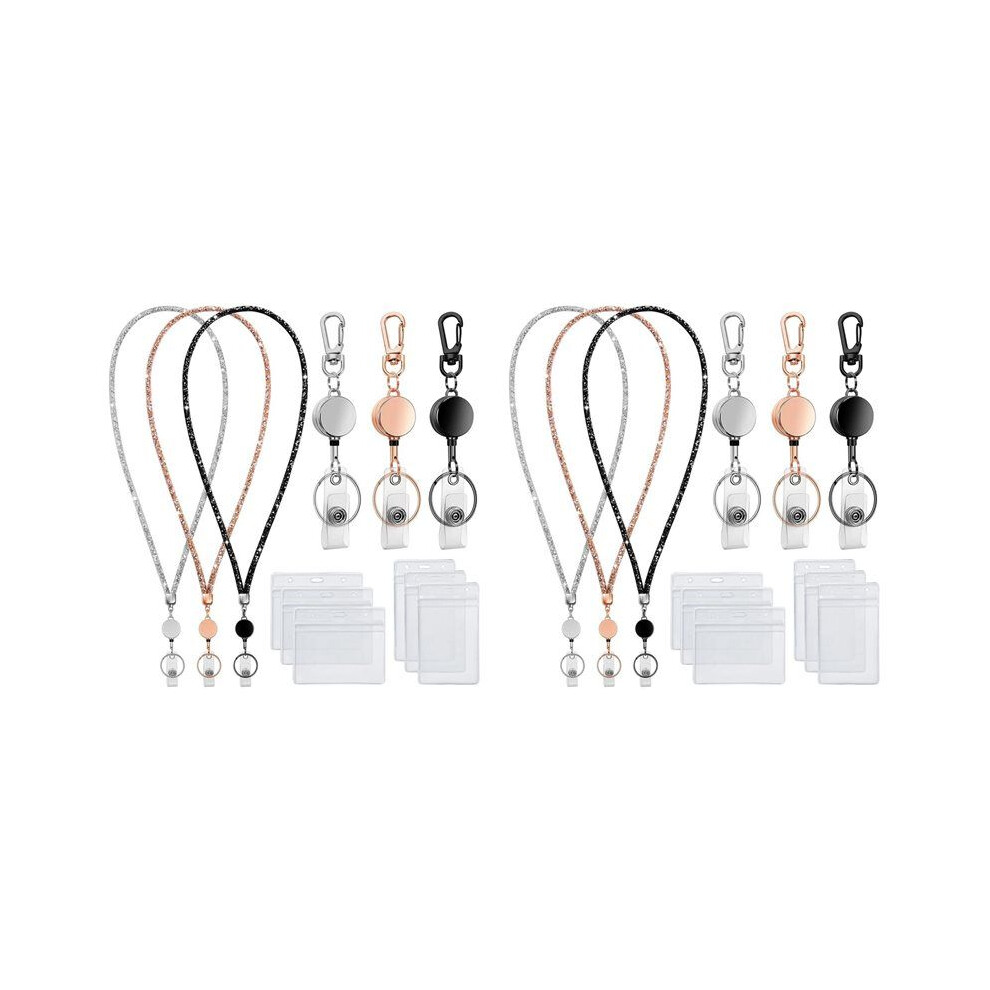 2X Lanyards For Id Badges 9 In 3 Set Bling Badge Lanyard With Id Badge Holder Retractable Crystal Teacher Lanyards 6031390406985