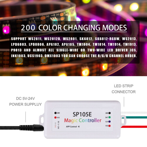 SP105E Wireless  Controller APP WS2811 WS2812B WS2801 SK6812 APA102 Individually Addressable Programmable LED Strip Pixel Module Panel Light