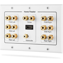 Plaque Murale de Distribution Surround 3 Voies pour Home Cinéma, avec Bornes Bananes en Cuivre Plaqué Or, pour 7 Haut-Parleurs