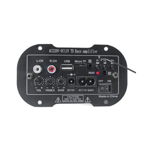Placa Amplificadora T-5 220V Mono para Subwoofer com Suporte para TF, USB e FM para Amplificadores de Graves de 5 A 10 Polegadas com Plugue Europeu