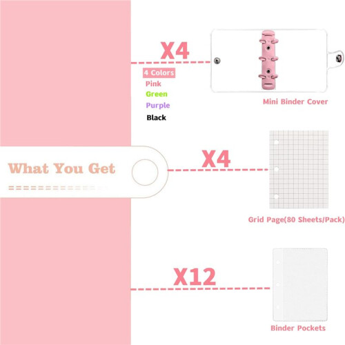 8 Pack  Transparent 3 Ring Binder Covers with Grid Inner Page and 24 Pcs Binder Pockets(3 Pcs/Set) 2