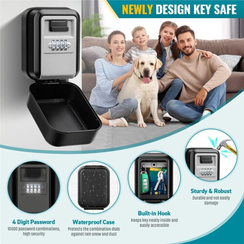Key Lock Box, Waterproof Wall Mount Lock Box for Keys with Code, 4 Digit Combination Lockbox for Home Office Garage B
