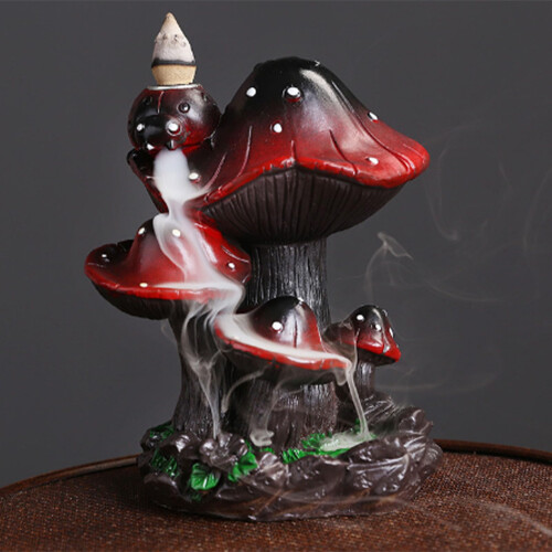 Mushroom Backflow Incense Burner Ceramic Smoke Waterfall Holder with 60 Cones for Relaxation