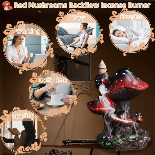Mushroom Backflow Incense Burner Ceramic Smoke Waterfall Holder with 60 Cones for Relaxation 2