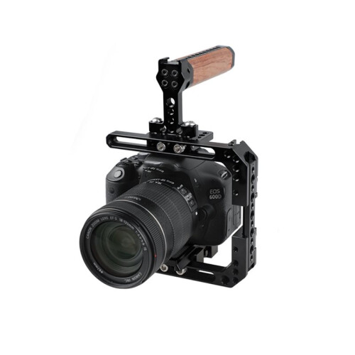 Universal Adjustable Camera Cage with  Quick Release Baseplate Wooden Handle for 2