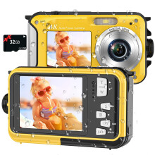 4K Waterproof Digital Camera 64MP Autofocus DualScreen 16FT Underwater Camera for Snorkeling with 32GB Card Yellow