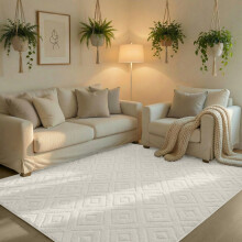 (80x150cm (2.6 x 4.9 ft), Square Cream) Geometric Embossed Non Slip Area Rug – Soft Carved Living Room & Bedroom Carpet