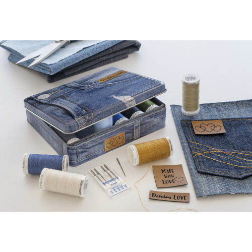Gütermann Thread Storage Tin Denim Thread with Needles & Labels 12x100m 2