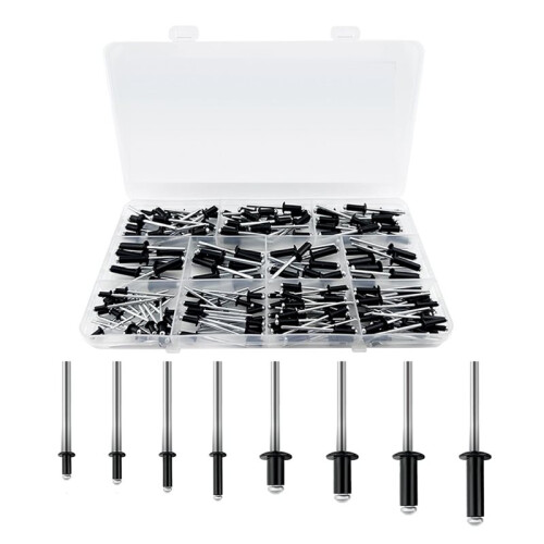 Kit com 210 Rebites  Pretos de 3/16 Polegadas e 1/8 de Polegada, 8 Tamanhos de Rebites de Alumínio, Rebites Cegos de Alumínio