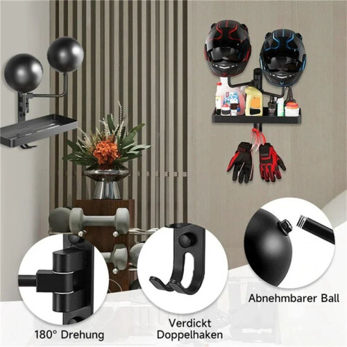 Motorcycle Helmet Display Stand with Adjustable Hook Wall Mounted Organize Caps Jackets & Accessories. Universal Fit 2