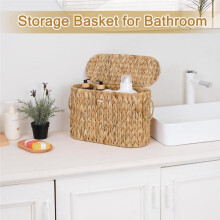 Toilet Paper Storage Basket, Water Hyacinth Slim Toilet Paper Holder with Lid- Holds  to 6 Rolls
