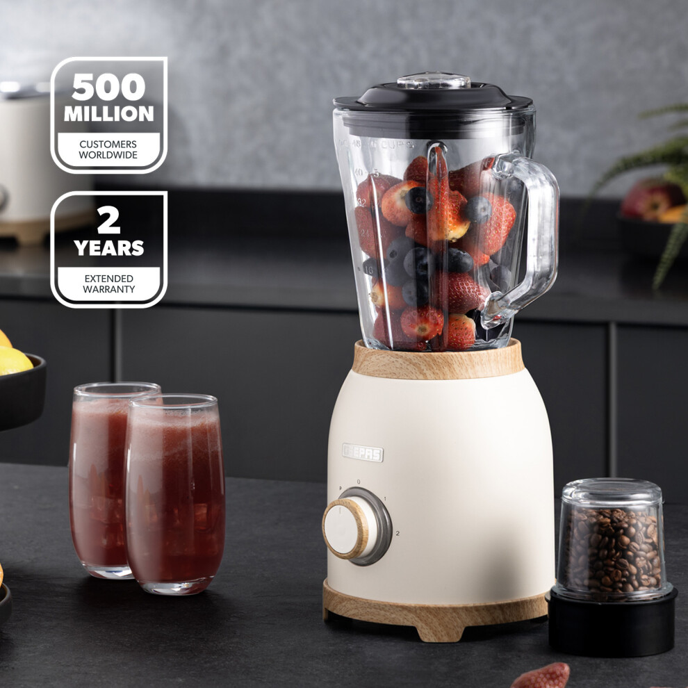 Geepas Nordiq Collection 2-In-1 Blender Smoothie Maker 800W, 1.5L Glass Jug Coffee Spice Grinder Ice Crusher 6 Blades 2 Speed Pulse Safe Lock