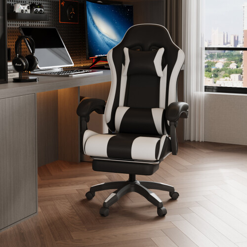 Living And Home (Black+White) High Back Gaming Chair with Footrest 1