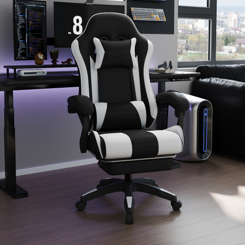 Living And Home (Black+White) High Back Gaming Chair with Footrest