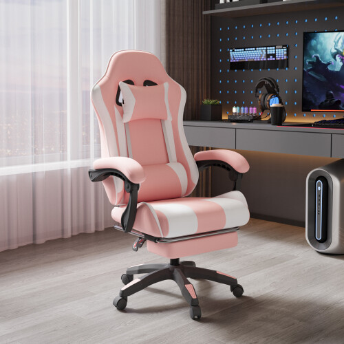 Living And Home (Pink+White) High Back Gaming Chair with Footrest