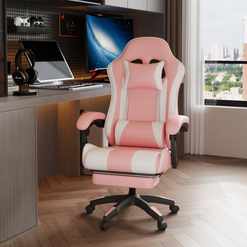 Living And Home (Pink+White) High Back Gaming Chair with Footrest 1