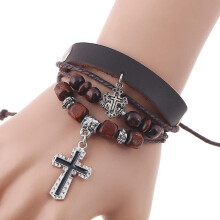 (Black）Personalized Beaded Multi-layer Cattle Leather Bracelet Simple European And American Style Vintage Ornament Couple Leather Bracelet