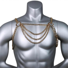 (Gold）Sexy Men Fashion Clothing Accessories Metal Cosplay Hollow Out Body Chest Chain Harness Clubwear Body Jewelry Necklace Gold