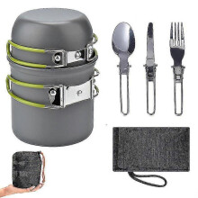 Conjunto de utensílios de cozinha portátil para camping, incluindo panela, frigideira, garfo e colher, ideal para atividades ao ar livre, tr