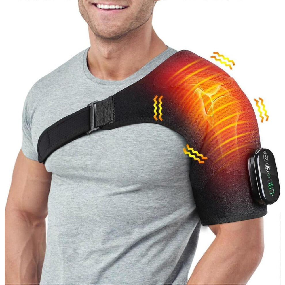Cordless Heated Shoulder Wrap Massager, Rechargeable Electric Heating Pad for Shoulder Neck with 3 Heat & Vibration Modes, Men & Wom