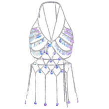 (Section 1)Womens Shell Shape Sequins Tassels Halterneck Crop Top Hollow Out Chest Chain Body Jewelry Backless Camisole Partywear