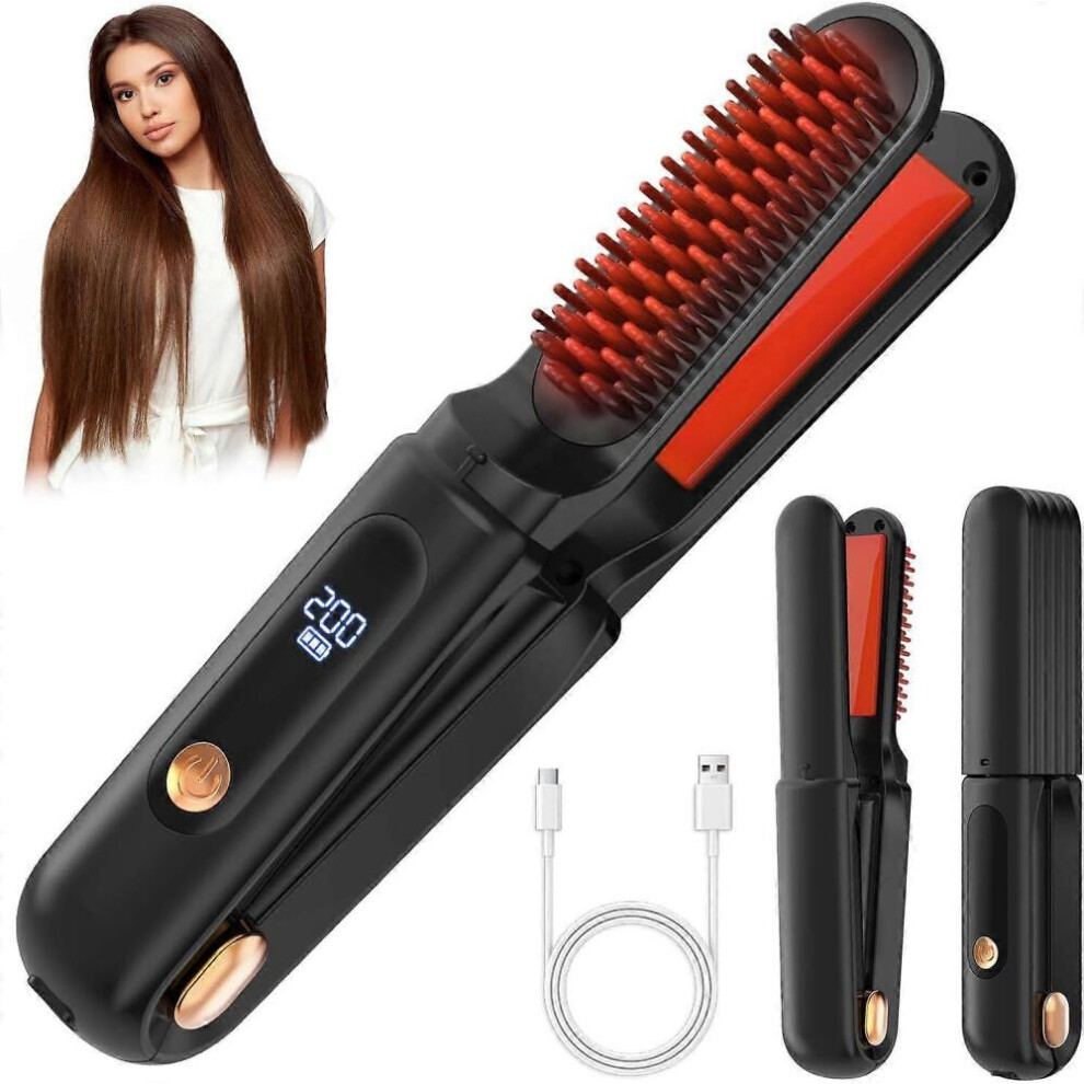 (Blackï¼2-in-1 Cordless Hair Straightener Brush & Hot Comb, Wireless Straightening & Curling Iron, Rechargeable & Portable for T