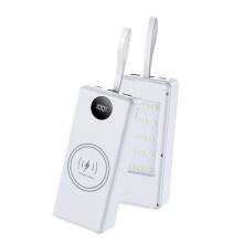 Power bank portatile con batteria 18650, ricarica USB rapida e protezione multipla, colore bianco, 22,5 W.