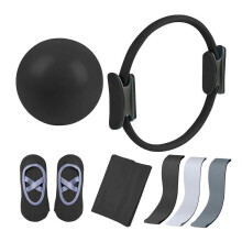 (Black)7 Pcs Pilates Essential Kits Pilates Rings Set For Body Toning Muscle Strengthening And Flexibility Training Black