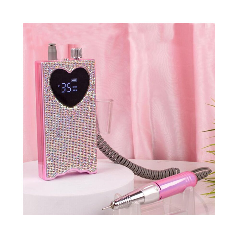 Electric Nail Drill with Rhinestone Rechargeable Nail File 35000 RPM Heart Shape Wireless Pedicure Grinder EU PLUG
