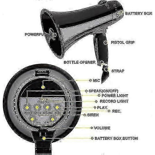 (Μαύρο) Φορητό Μεγάφωνο Bullhorn Ισχύος 20 Watt Μεγάφωνο Φωνής και Λειτουργίες Σε 1