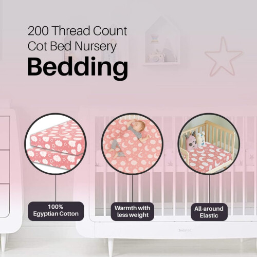Cot Bed Fitted Sheet 100% Cotton 200 Thread Count 12 Colours, Cot Bed 70 x 140 CM - pink moon 1